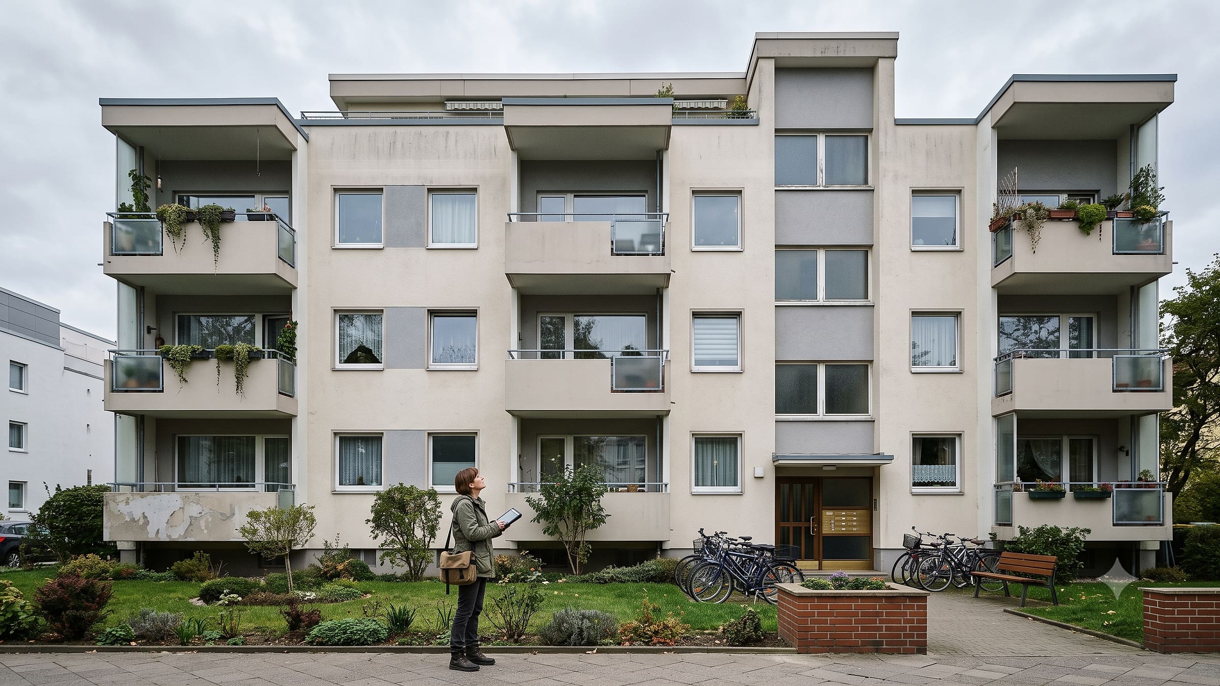 Hausverwalterin vor einem Mehrfamilienhaus